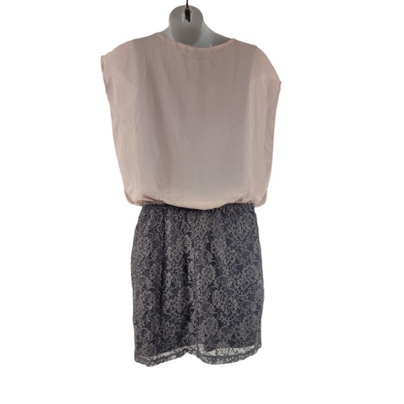 Speechless Mini Sleeveless Dress Blouson Top Sz M Skirt  Pink Chiffon Gray Lace - Picture 3 of 16